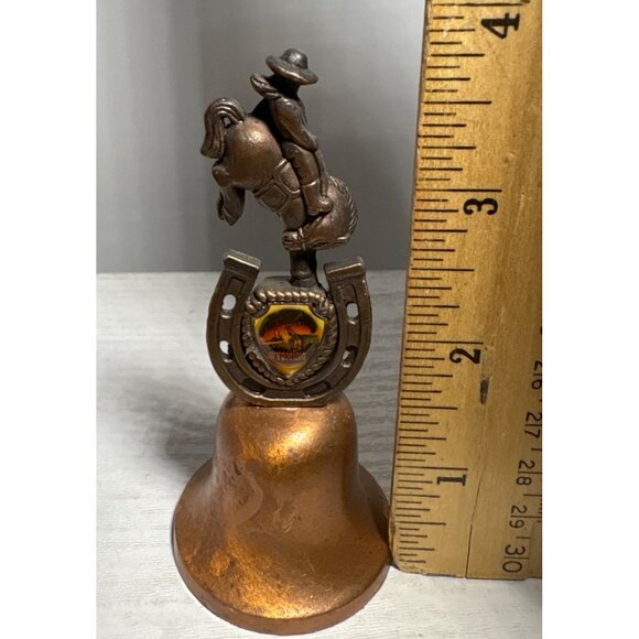 Vintage Wyoming Souvenir Copper Bell With Cowboy & Bucking Horse Horseshoe - Picture 7 of 7